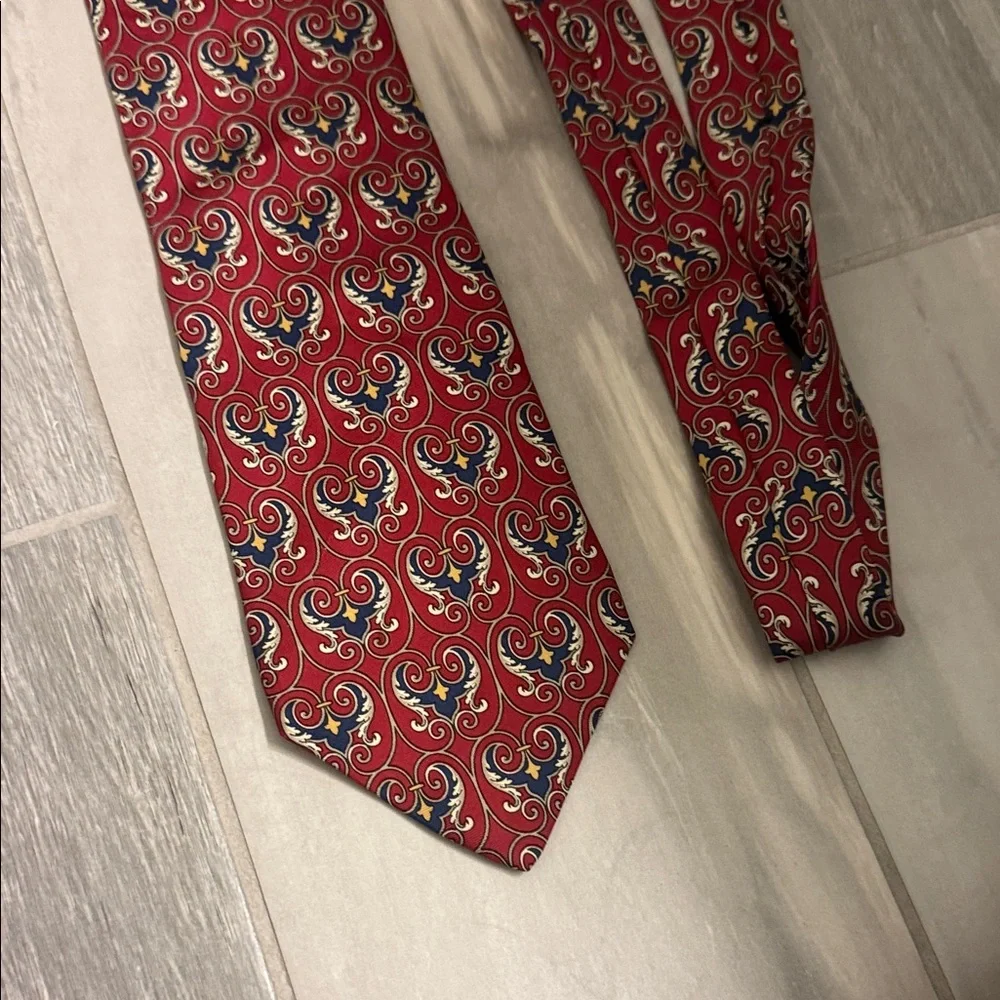 Dior Red Tie with Navy and Gold Scroll Motif